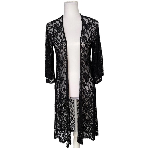 Mauve Black Floral Lace Long Maxi Open Front Cardigan Kimono Cover Up Small NWT - Picture 1 of 12